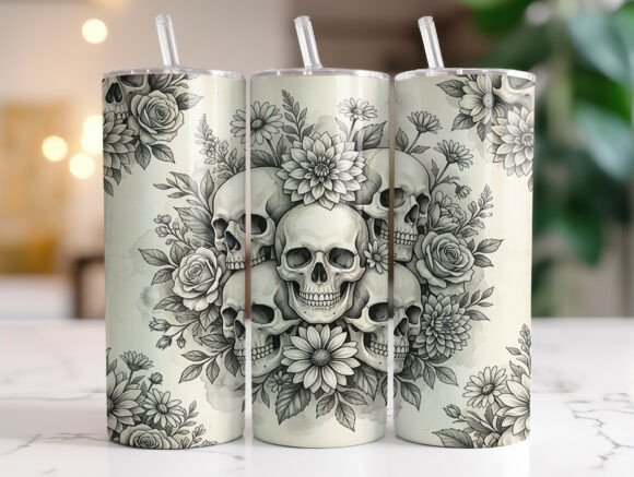Black and White Skull Flower Tumbler Wraps Graphics