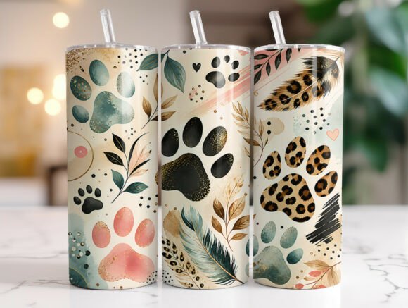 Boho Dog Paw Print Leopard Tumbler Wraps Graphics