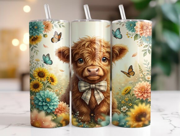 Highland Cow Floral Bow Tumbler Wrap Graphics