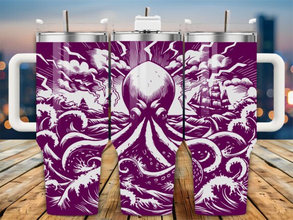 Kraken Ship Storm 40oz Tumbler Graphics for Laser Engraving