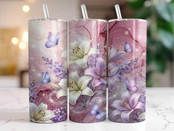 Pastel Lilies and Butterflies Tumbler Wraps Graphics
