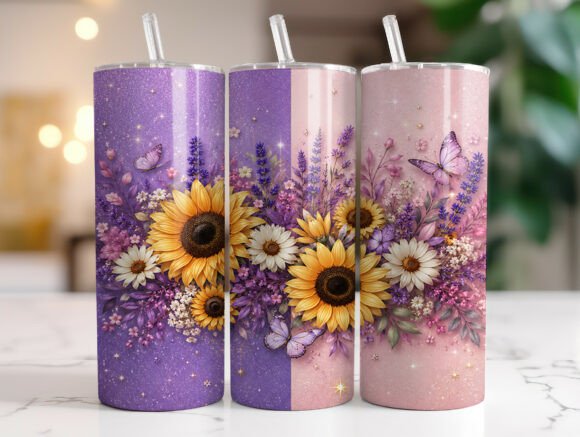 Pink Purple Sunflower Floral Tumbler Wraps Graphics