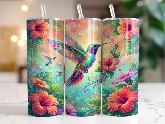 Teal Hibiscus Hummingbird Skinny Tumbler Graphics & Wraps