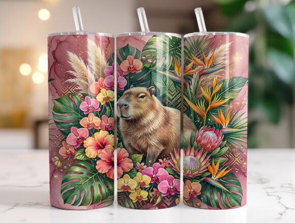 Tropical Summer Capybara Tumbler Wrap Graphics for Branding