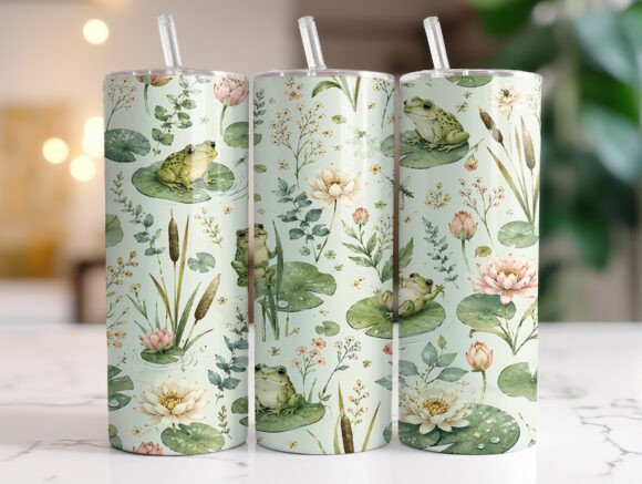 Watercolor Frog Floral Tumbler Wrap Graphics